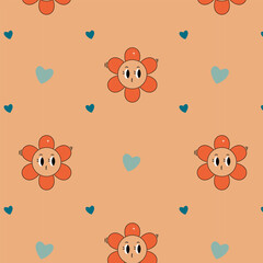 cartoon pattern with cheerful flowers and hearts for valentine's day