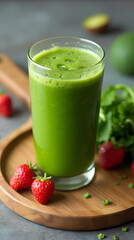 Glass of detox nutrients: green juice with small fruits on a wooden board.