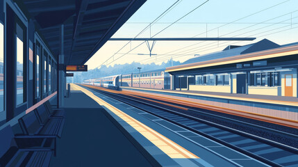 Obraz premium Railway station poster with isometric rail track, train and platform. Vector banner of train transportation infrastructure with empty modern station, locomotive with carriage