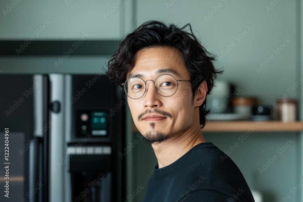 Aufkleber contemporary tech-enhanced kitchen asian male utilizing smart coffee maker with sleek appliances - m