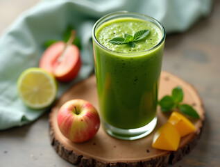 Glass of detox nutrients: green juice with small fruits on a wooden board.