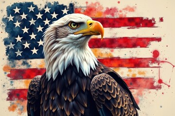 Bald eagle against the backdrop of the American flag.