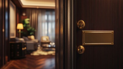 Obraz premium Elegant Dark Wooden Door with Gold Accents, Revealing a Luxurious Interior