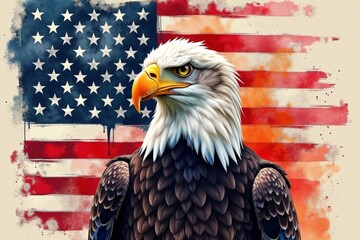 Naklejka premium Bald eagle against the backdrop of the American flag.