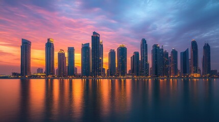 Fototapeta premium Vibrant sunset cityscape reflected in calm water.