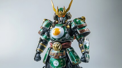 Detailed close up of an ornate green and gold samurai-inspired robot figure