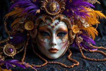 Mardi Gras carnival mask with colorful beads.