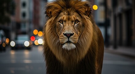 Majestic lion roaming urban streets amidst blurred city lights at dusk