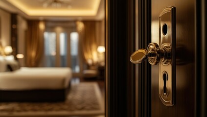 Obraz premium Luxury Hotel Room, Golden Door Handle, Elegant Interior