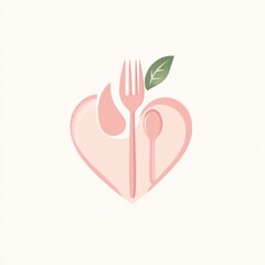 Obraz premium Heart-shaped logo with fork, spoon, and leaf. Healthy eating concept. Possible use Restaurant logo