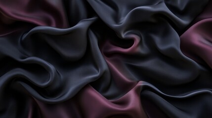 Obraz premium Black background with burgundy satin cloth, elegant fabric texture. Abstract dark backdrop for design and decoration.