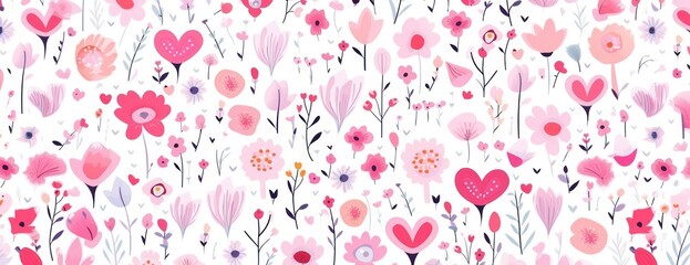 Pink heart and minimal flower pattern flowers background.