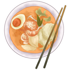 hand drawn illustration of malaysian food laksa, southeast asian food illustration, malaysian food illustration