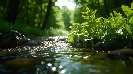 Fototapeta premium Tranquil Stream Flowing Through Lush Green Forest Landscape