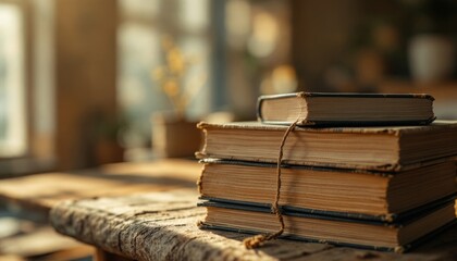 A stack of old books with a string on a wooden table in warm natural light