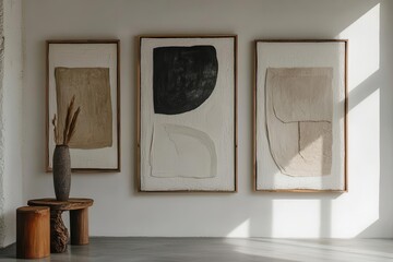 abstract minimalist wall art installation featuring bold brushstrokes, geometric frames, textural...