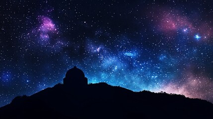 Fototapeta premium Observatory silhouetted against a vibrant night sky filled with stars and nebulae.