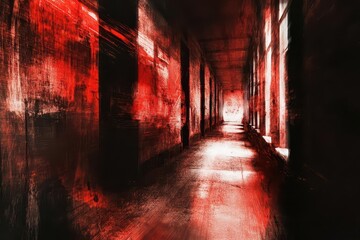 abstract nightmare corridor twisted in dark reds and blacks, distorted perspective, surreal emotional expression