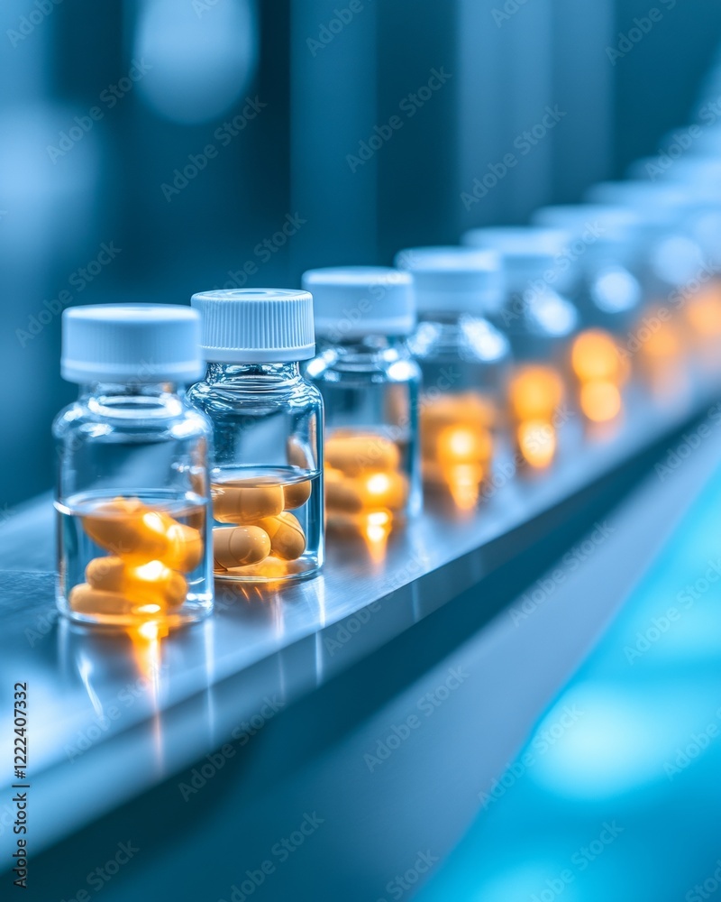 Poster futuristic pharmaceutical production transparent vials with medication capsules on sleek metallic co