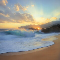 Fototapeta premium Stunning Sunset Ocean Wave Crashing on Sandy Beach