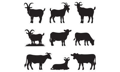 Set of black silhouettes of goats and cows in different poses