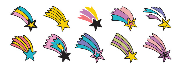 Obraz premium falling stars hand drawn cartoon doodle isolated on white background cartoon set. Making a wish line clipart symbol