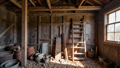 Abandoned barn filled with dusty items in morning light, rustic charm