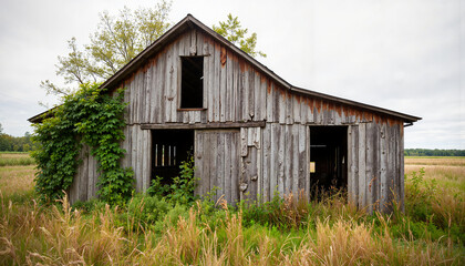 Abandoned wooden barn in rural setting, decay and solitude