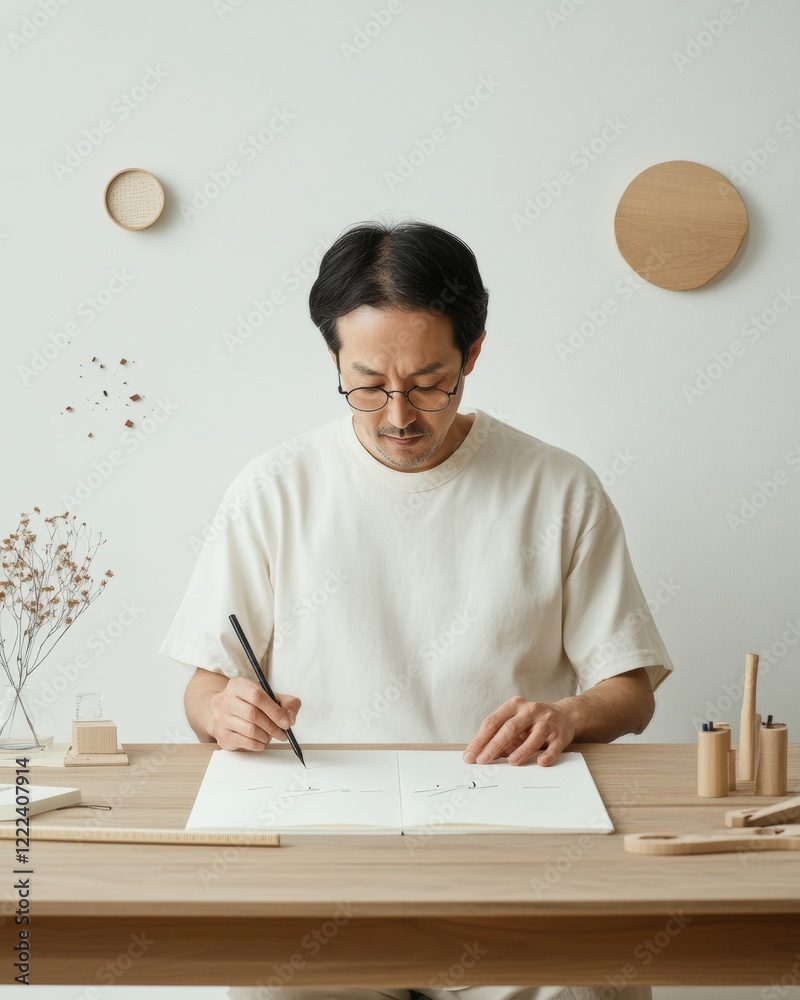 Poster minimalist calligraphy design korean man in 30s crafting journal headers with ink and geometric stam