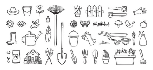 Gardener tools hand drawn doodle icons set. Hobby gardening. Garden items for plant care and backyard cleaning. Garden line clipart.