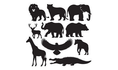 Set of black silhouettes of wild animals: lion, elephant, bear, eagle, giraffe, and more