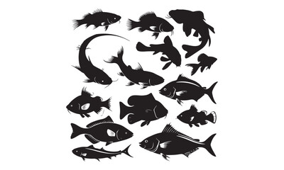 Collection of black silhouettes depicting different types of fish, including freshwater and saltwater species.