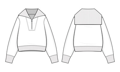 Sailor-Collar Quarter-Zip Pullover Jacket Technical Fashion Illustration. Minimalist sailor Jacket Vector Template. Front and back view. Relaxed Fit. Knitted. Spring fall. Unisex Outerwear. CAD mockup