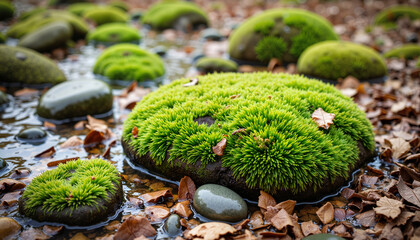 Vibrant moss-covered stones among fallen leaves, nature's harmony