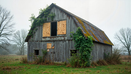 Abandoned barn enveloped in fog, rural decay and nature's reclaim