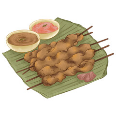 hand drawn illustration of indonesian food satay, southeast asian food illustration, indonesian food illustration