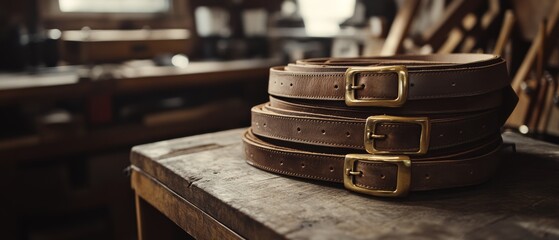 Three handcrafted leather belts with brass buckles rest elegantly on a rustic workbench, embodying craftsmanship and tradition.
