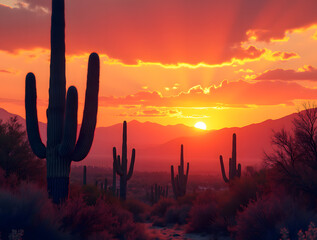 A majestic Sahara cactus stands against a vibrant sunset, with red mountains and desert flora creating a tranquil Sonoran landscape.