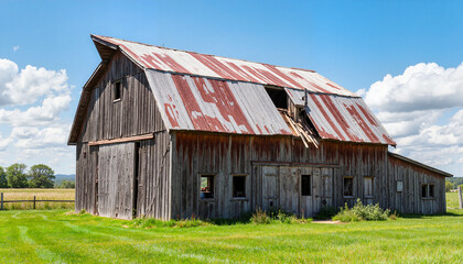 Obraz premium Dilapidated barn with sagging roof in rural landscape, abandonment