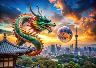 Fototapeta premium A surreal photo journey through Tokyo depicts a majestic Asian dragon, celebrating Japanese mythology on a vibrant globe.