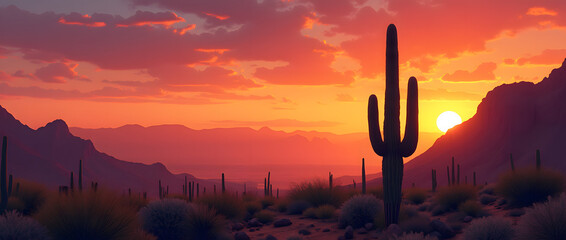 A majestic Sahara cactus stands against a vibrant sunset, with red mountains and desert flora creating a tranquil Sonoran landscape.