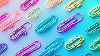 Obraz premium Gradient array of multicolored paper clips transitioning smoothly across an aqua background, precise alignment and vivid hues
