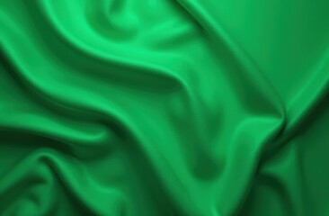Close up of green silk background. Drapery. Curtain. Fabric material. Soft folds. Wave stripe line. Empty space. Design. Template.