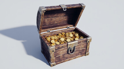 3d open treasure chest with golden coin vector. Gold money in wooden pirate box. Realistic full coffer object for mystery adventure game. Filled loot crate concept isolated on white background