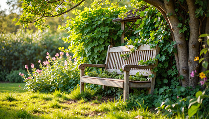Weathered bench in lush garden at late afternoon, natural serenity