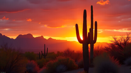 A majestic Sahara cactus stands against a vibrant sunset, with red mountains and desert flora creating a tranquil Sonoran landscape.