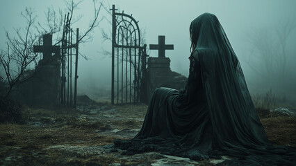 Mysterious figure cloaked in black gazes at foggy cemetery gates in the eerie twilight hours