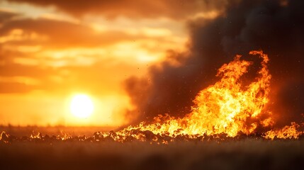 Naklejka premium Intense Flames Engulfing Dry Grass Under Dramatic Sunset Sky