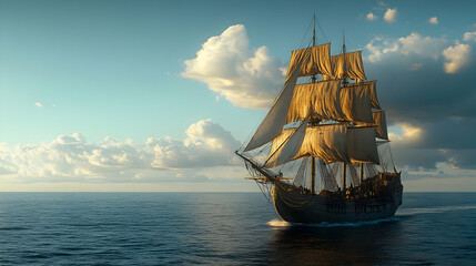 Fototapeta premium Sailing ship sunset ocean adventure travel