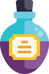 Cartoon style illustration of a glass bottle containing purple potion with blank label for adding text, suitable for games or halloween projects